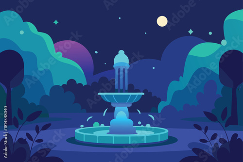 Serene stylized night fountain in a tranquil garden park Vector