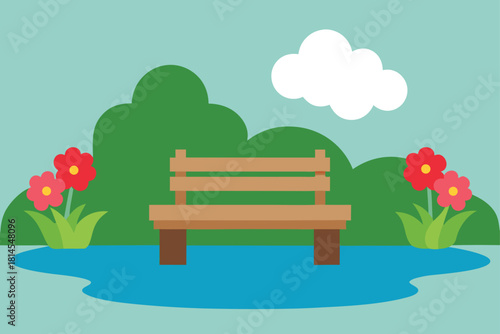 Flat vector art of a park bench surrounded by nature Vector