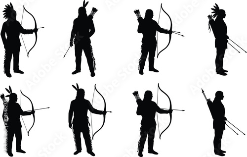 Silhouettes of archers with bows, arrows, quivers and feathered headpieces in multiple standing and aiming poses for design and illustration use