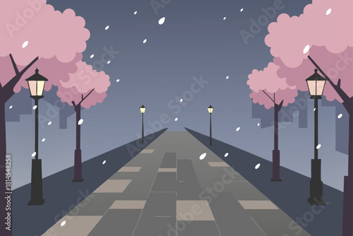 Path at night with cherry blossoms, falling petals. Vector