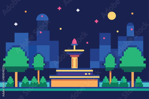 Pixel art city park with glowing monument at night Vector