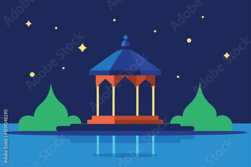 Nighttime cultural pavilion with stars and reflection Vector