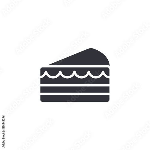 Slice of layered cake icon with frosting on top and decorative layers, symbolizing dessert, bakery goods, sweet treats, party food, celebrations, and catering service in a solid glyph style.