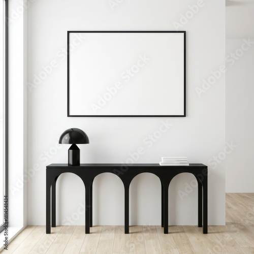 Blank poster in frame mockup. Living room wall canvas. Modern decor interior design background. 3D render scene