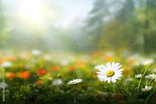 Fototapeta Naklejka Na Ścianę i Meble -  Real daisy flowers, blossoms, growing in meadow grass on a warm sunny spring summer day with a bright orange and yellow sunlit sky background
