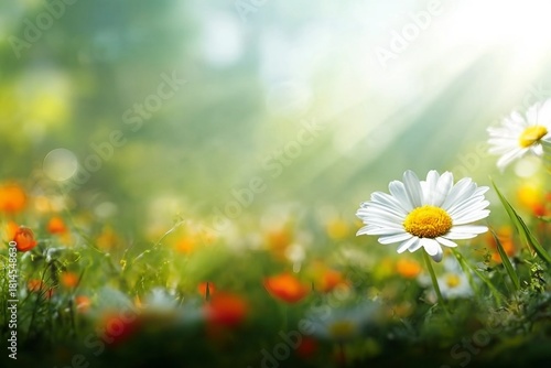 Fototapeta Naklejka Na Ścianę i Meble -  Real daisy flowers, blossoms, growing in meadow grass on a warm sunny spring summer day with a bright orange and yellow sunlit sky background
