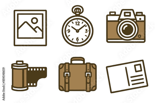 Vintage Travel Icons. Classic Memories linear icon set : sepia photo, pocket watch, old camera, film roll, vintage suitcase, postcard