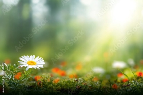 Fototapeta Naklejka Na Ścianę i Meble -  Real daisy flowers, blossoms, growing in meadow grass on a warm sunny spring summer day with a bright orange and yellow sunlit sky background
