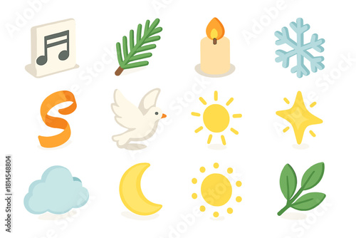 Holiday Icon Set. Holiday Songs flat icon set : music sheet, pine sprig, candle flame, snowflake, ribbon curl, dove, radiant halo, glowing star, soft cloud, moonlight, golden aura