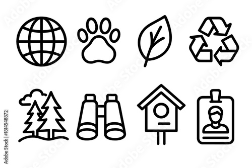 Nature Icons Collection. Nature Conservation linear icon set: globe, animal paw, leaf, recycle symbol, snow-covered forest, binoculars, birdhouse, volunteer badge