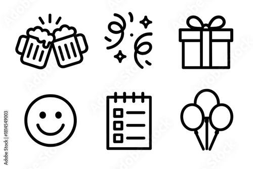 Celebration Icons Collection. Colleague Celebration linear icon set : clinking mugs, confetti swirl, wrapped gift, smiley emoji, notepad, balloon cluster