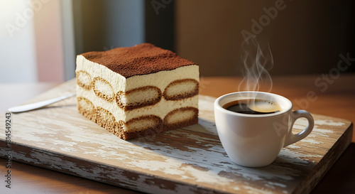 Tiramisu dessert and a cup of steaming coffee are presented on a wooden board, near a window.