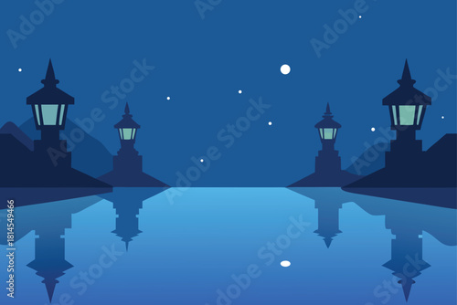 Night scene with lanterns reflected in water under moon. Vector