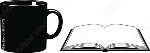 Black coffee mug and open book illustration on white background