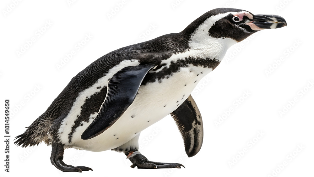 Obraz premium Humboldt penguin standing, cut out on PNG, isolated on white background. AI GENERATED.