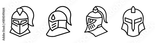 Set of medieval knight helmet headgear line art icon collection