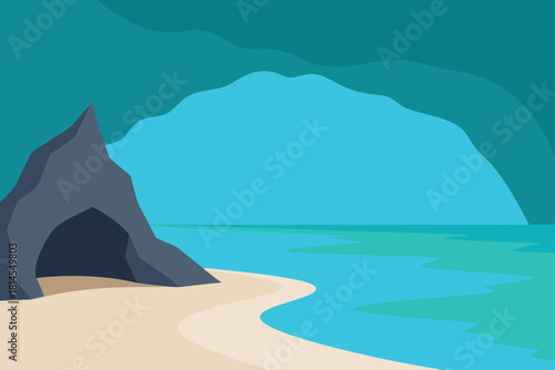 Flat illustration of a tranquil sea cave beach scene Vector