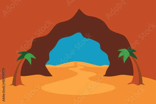 Desert cave entrance with winding path and palm trees Vector