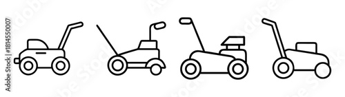 Set of outline lawn mower icons, gardening equipment line art.