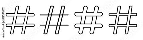 Four distinct hashtag symbols line art set for social media content