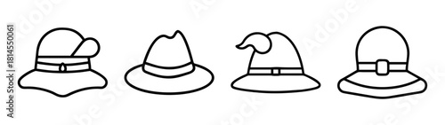 Collection of diverse hat outline icons, various styles and designs
