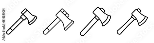 Axe and hatchet line art icon set, wood chopping tool vector