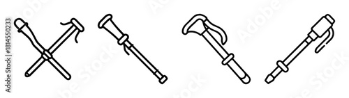 Walking sticks and canes set line art icons for outdoor activity
