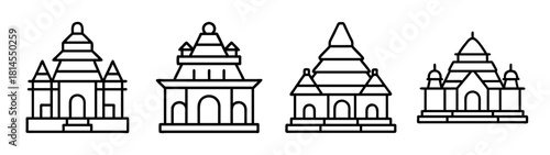 Collection of line art temple icons with tiered roofs and arches