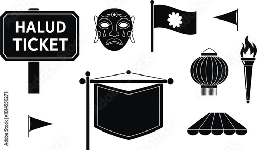 Halud ticket and assorted black and white graphic elements