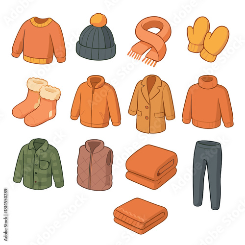 Cozy Winter Icons. Cozy Wear flat icon set : wool sweater, knitted hat, soft scarf, warm mittens, fuzzy socks, fleece jacket, wool coat, turtleneck, cozy blanket, flannel shirt