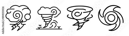 Line art weather icons set: thunder, tornado, hurricane, cyclone