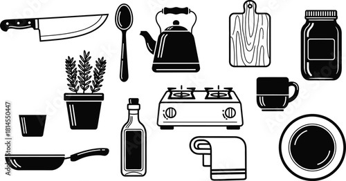 Hand drawn kitchen utensils and food items black and white