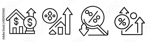 Financial metrics, real estate, and interest rates line icons