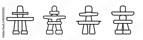 Inukshuk line icons set, arctic stone landmarks for guidance
