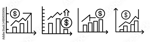 Financial growth chart icons showing rising market trends and money