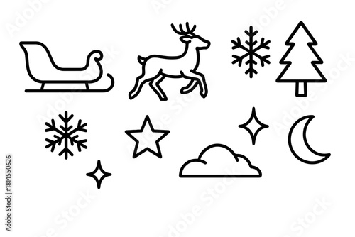 Reindeer Icon Journey. Reindeer journey linear icon set : sleigh, reindeer, snowflake, pine tree, star, sparkle, moon, snow mound