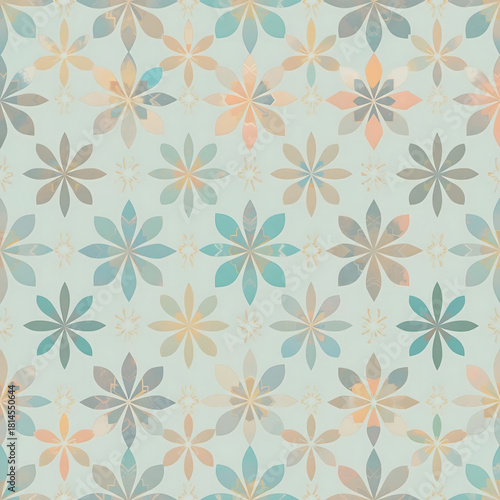 Minimal beige and blue pastel floral seamless pattern with soft petals and delicate geometric symmetry for modern textile design