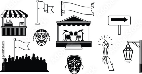 Festival elements silhouette set with stage masks and crowd