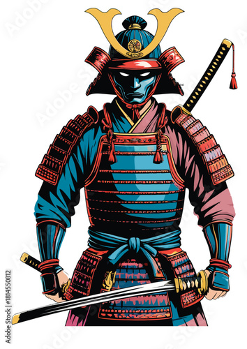 051-19-Samurai warrior wearing traditional armor and helmet, holding a katana sword