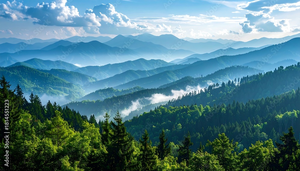 Fototapeta premium Blue, mist-covered, and lush green mountain ranges stretch into the distance under a partly cloudy sky