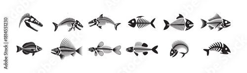 Fish skeletons vector set, fish bones collection flat design marine icon pack black isolated on white background