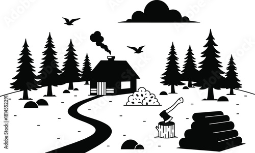 Cabin in the woods black and white illustration with birds