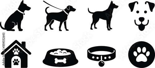 Assortment of DogRelated Black and White Icons Featuring Silhouettes, Paw Prints, and Accessories