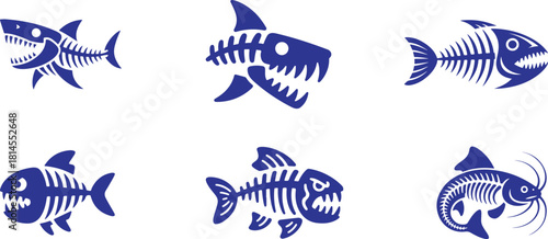 Collection of six blue fish skeletons with sharp teeth and distinct bone structures isolated