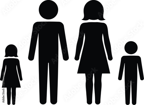 Black and White Family Icon Featuring Father, Mother, Daughter, and Son Symbol