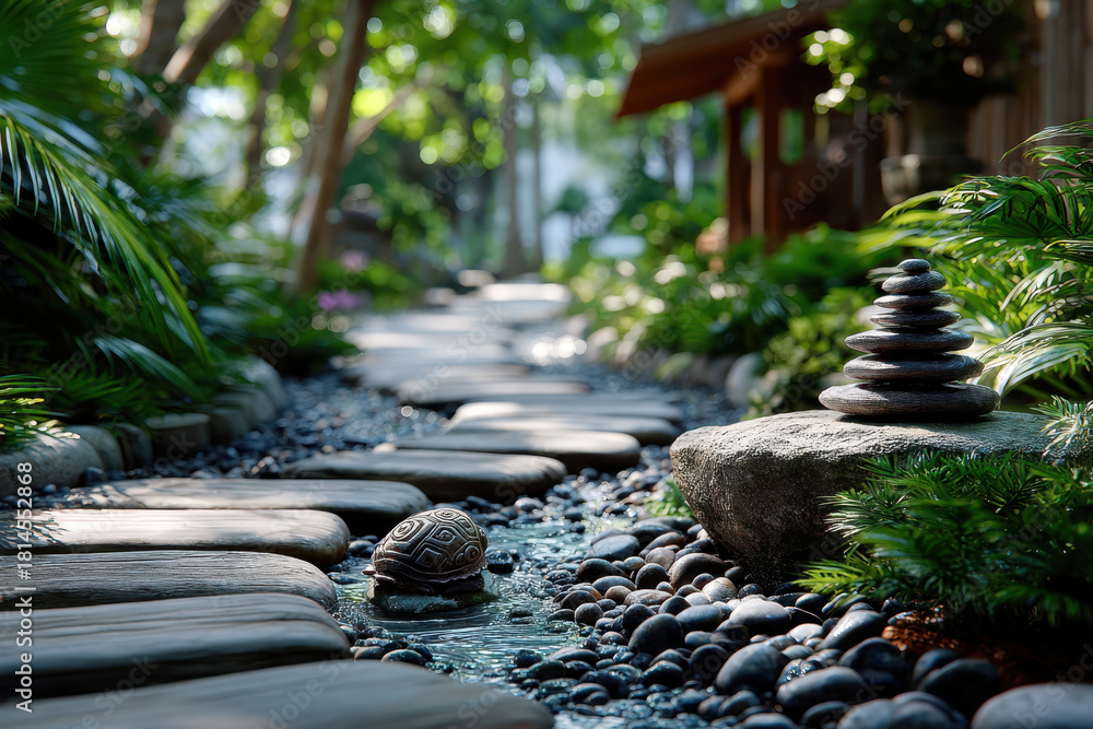 Fototapeta premium Serene Japanese garden path with stacked stones, turtle statue, and lush greenery