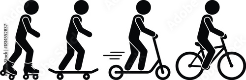Black Stick Figures on Roller Skates, Skateboard, Scooter and Bike on a White Background