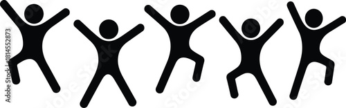 Cheerful Stick Figures Jumping Together, Black Pictograms on White Background, Celebrating Success