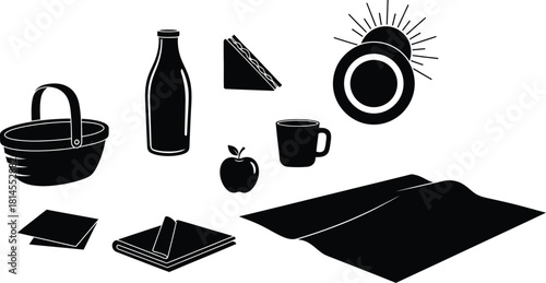 Woodcut still life illustration of everyday objects on white background