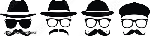 Four Black Silhouettes of Men's Faces with Hats, Glasses, and Moustaches